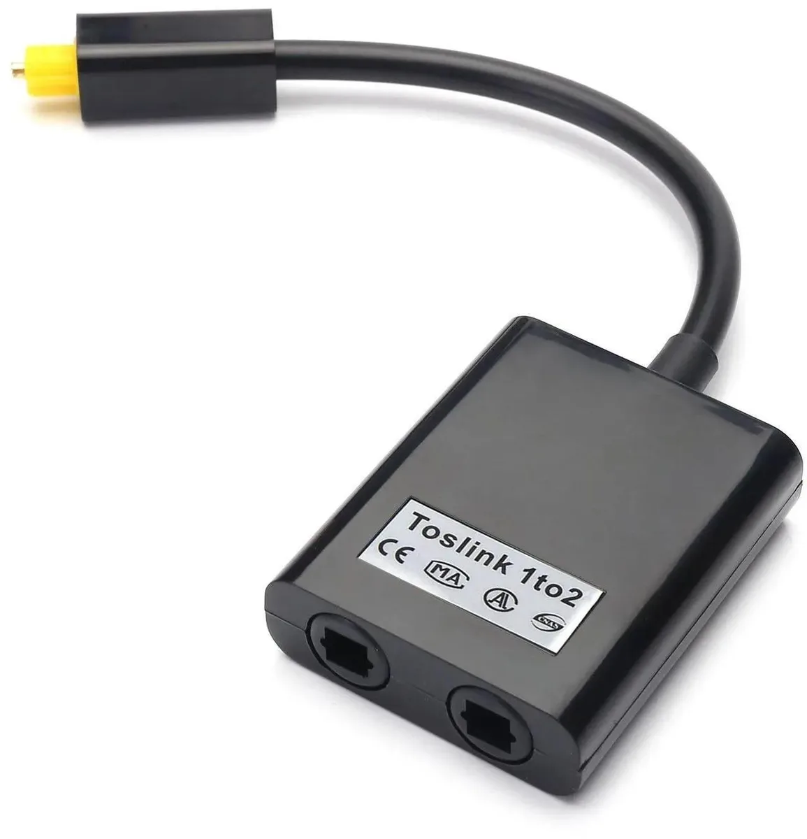 Black Toslink optical audio splitter with one input and two outputs, gold connectors
