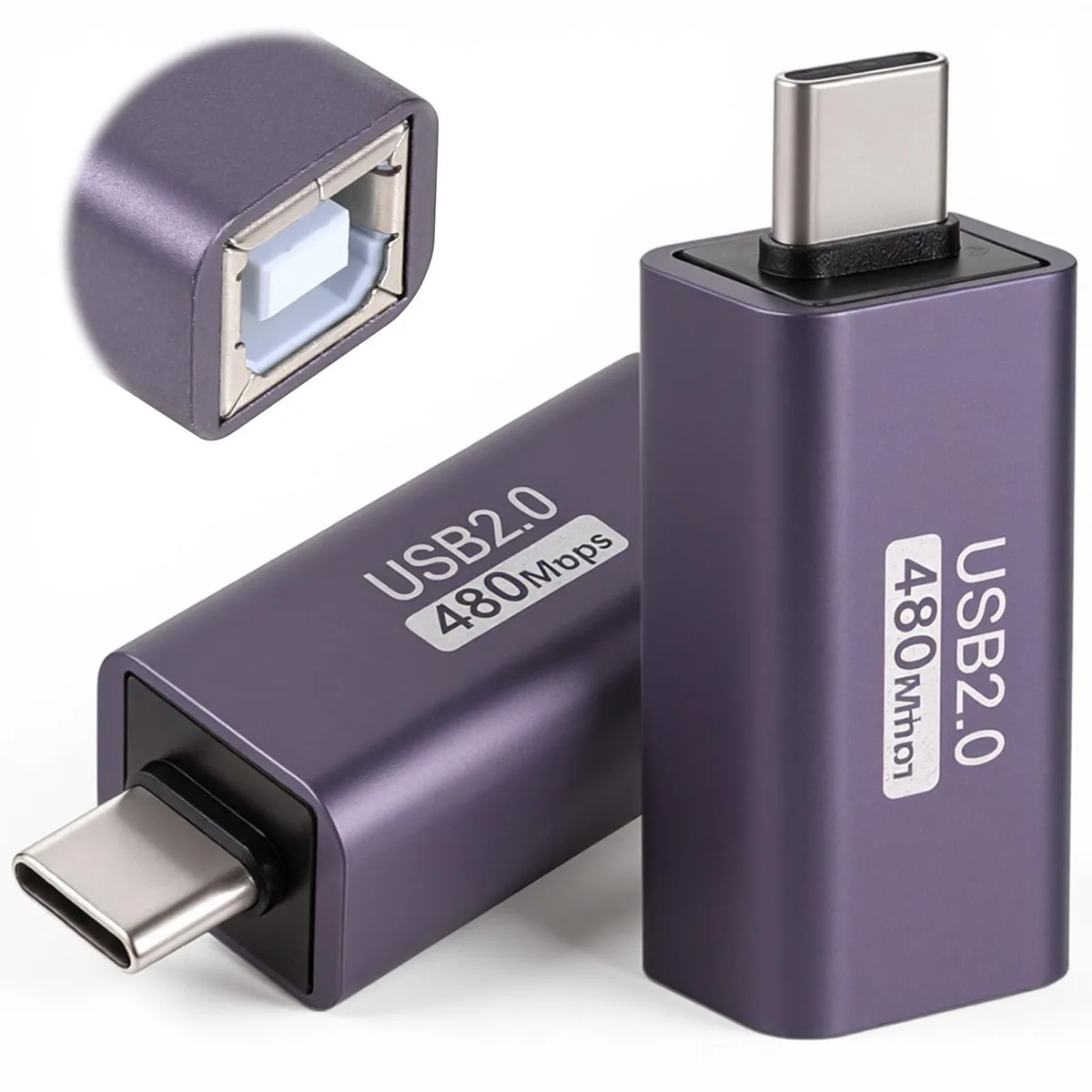 Two grayish-purple aluminum USB-C to USB-B adapters