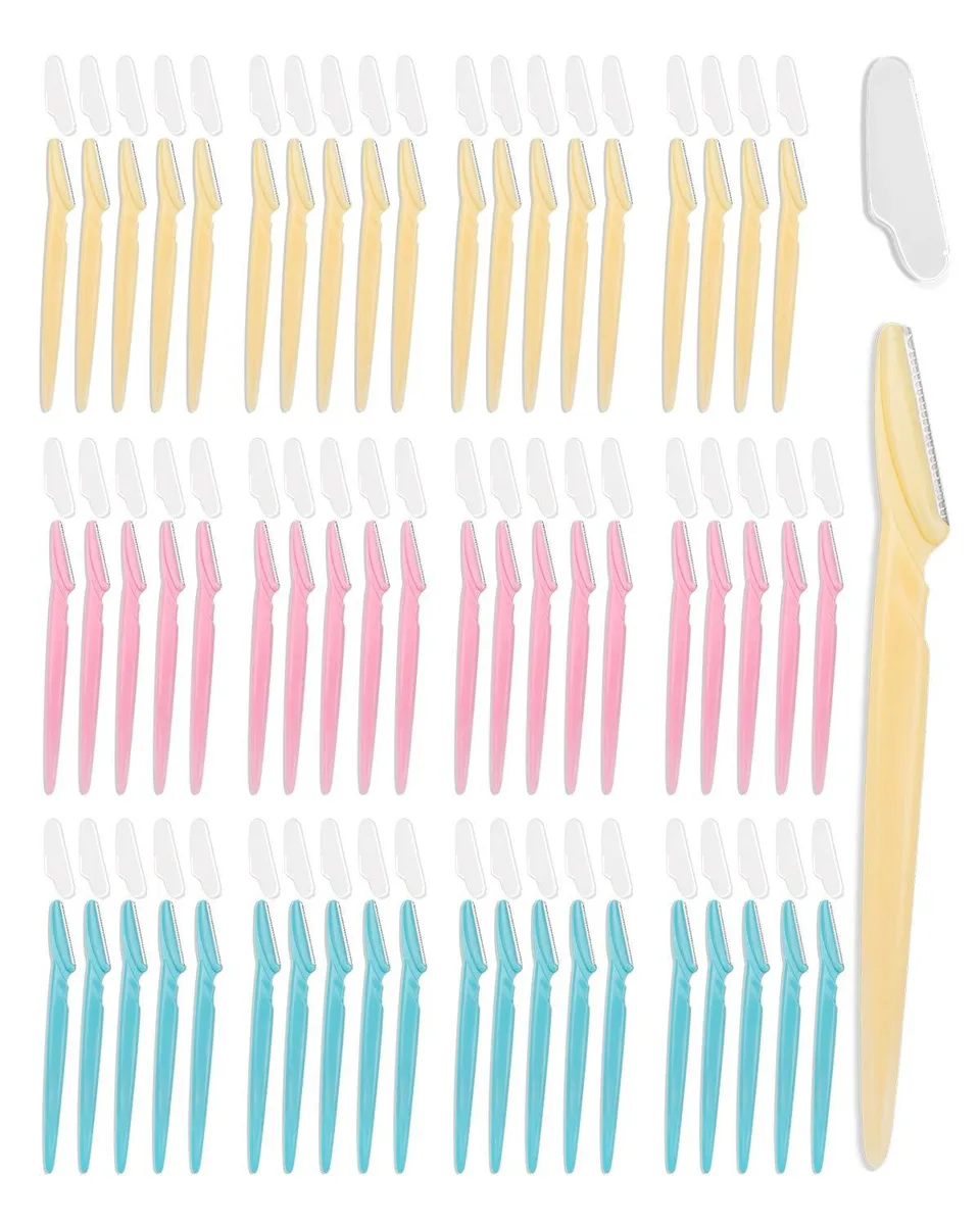 Sixty small dermaplane razors with black plastic handles and stainless steel blades in a bulk pack