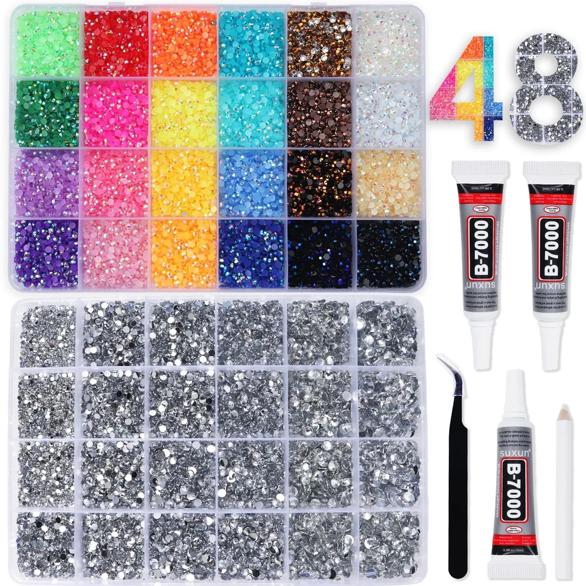 None Continuous None Continuous Rhinestones Kit 32000 pcs 24 colors 3mm &amp; 2-6mm Clear Silver with B7000 Glue — product photo