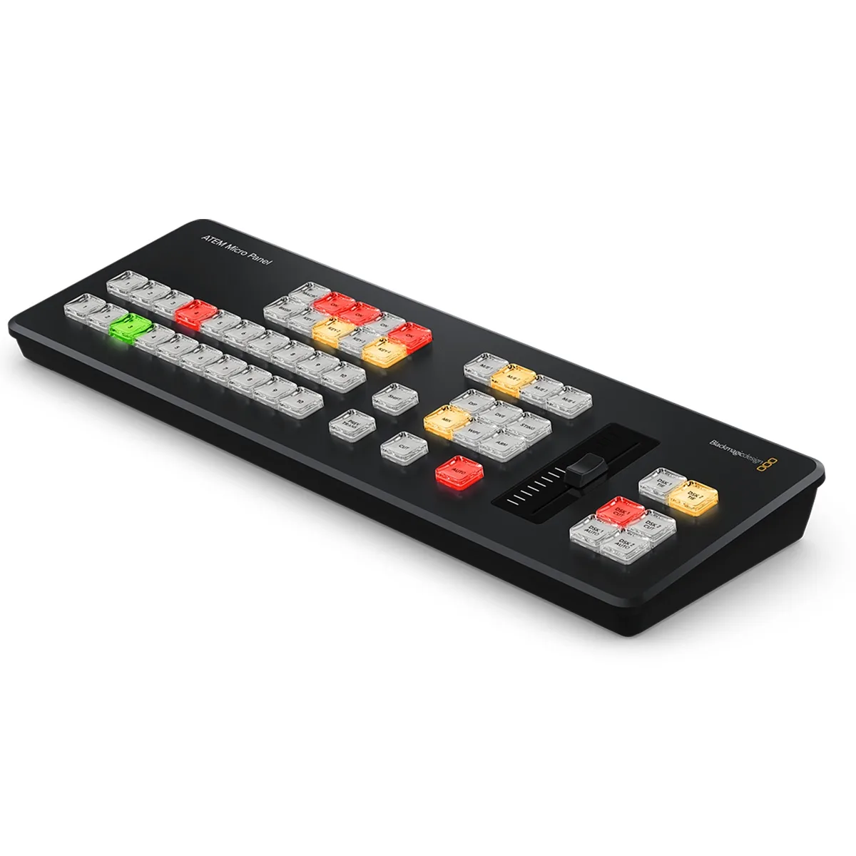 Compact broadcast panel with backlit buttons and manual fader