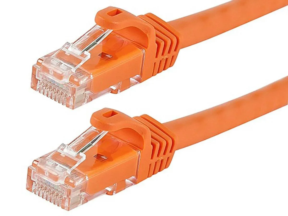 Orange Cat6 patch cable with thin flexboot connectors, 2 feet long