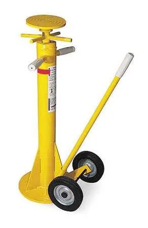 Yellow steel stabilizing jack with spin top, wheels and removable handle