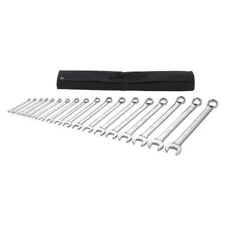 Eighteen chrome combination wrenches in a storage tray
