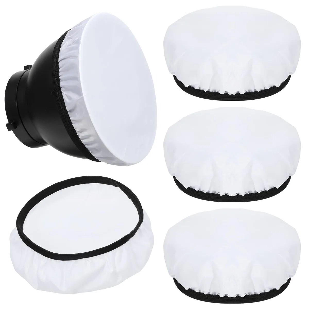 Four white fabric diffuser socks with elastic edges for 18 cm reflectors