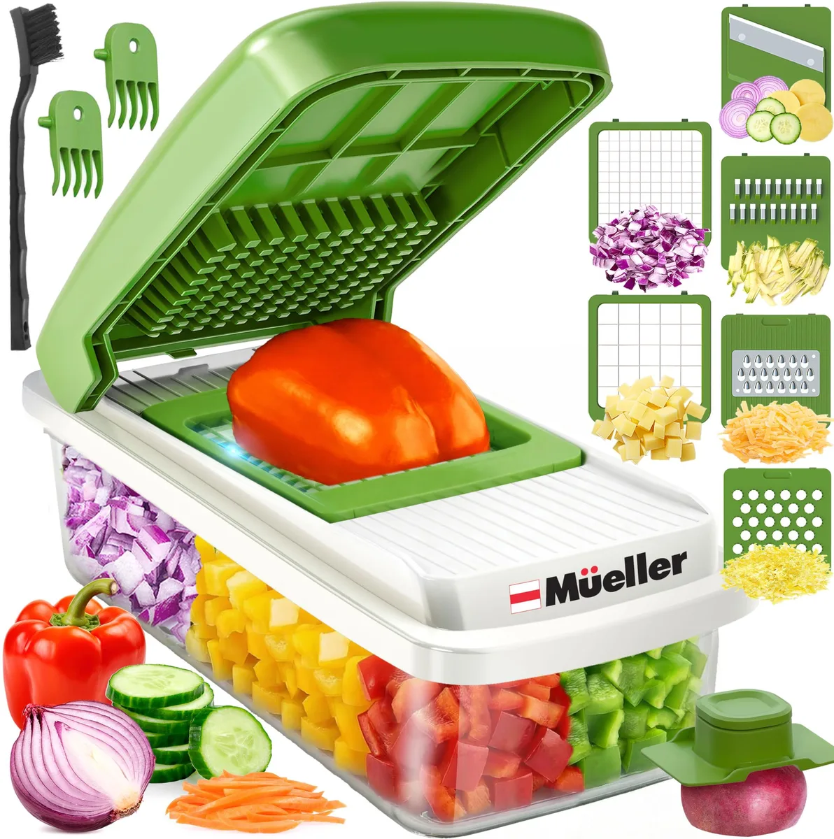 White and green food chopper with container and six stainless-steel blades