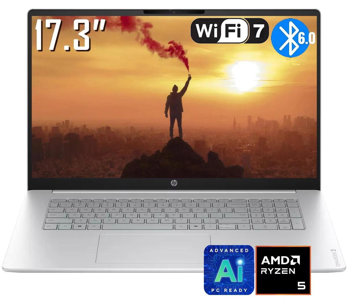 HP HP OmniBook 3 laptop AMD Ryzen 5 40 8GB LPDDR5 1TB 17.3" FHD IPS Silver — product photo