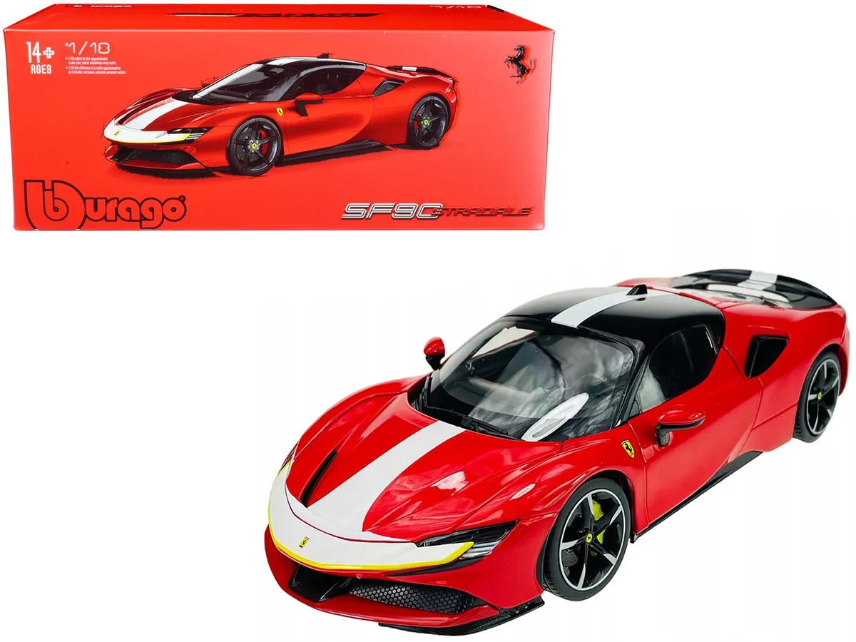 BBURAGO BBURAGO Ferrari SF90 Stradale Assetto Fiorano Red White Stripes Signature Series 1/18 Diecast Model Car — product photo