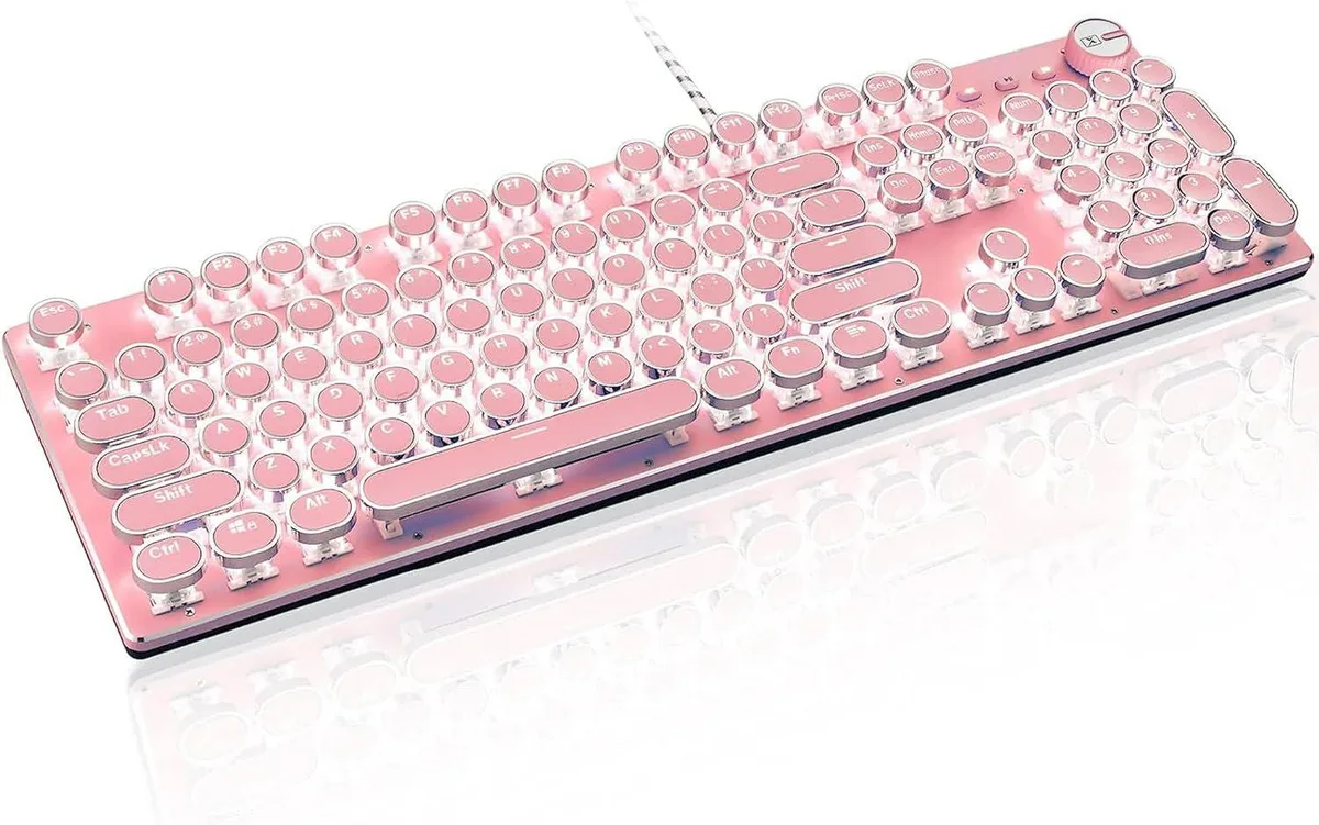 TUKO TUKO Retro Steampunk Mechanical Gaming Keyboard 104-Key Blue Switch White LED Knob Control — product photo