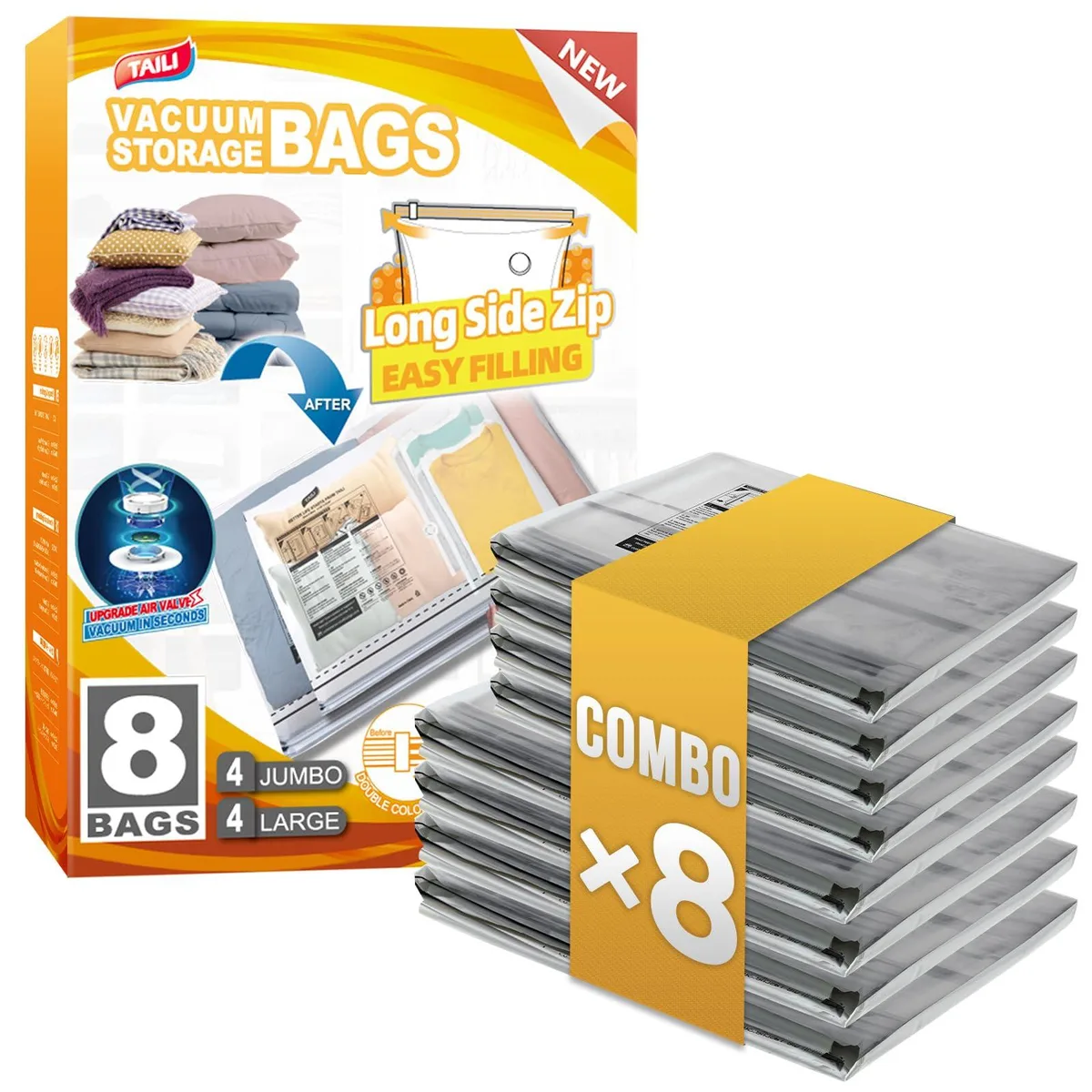 Eight vacuum storage bags, four 32x24 inch and four 39x28 inch, PA+PE material, long side zip