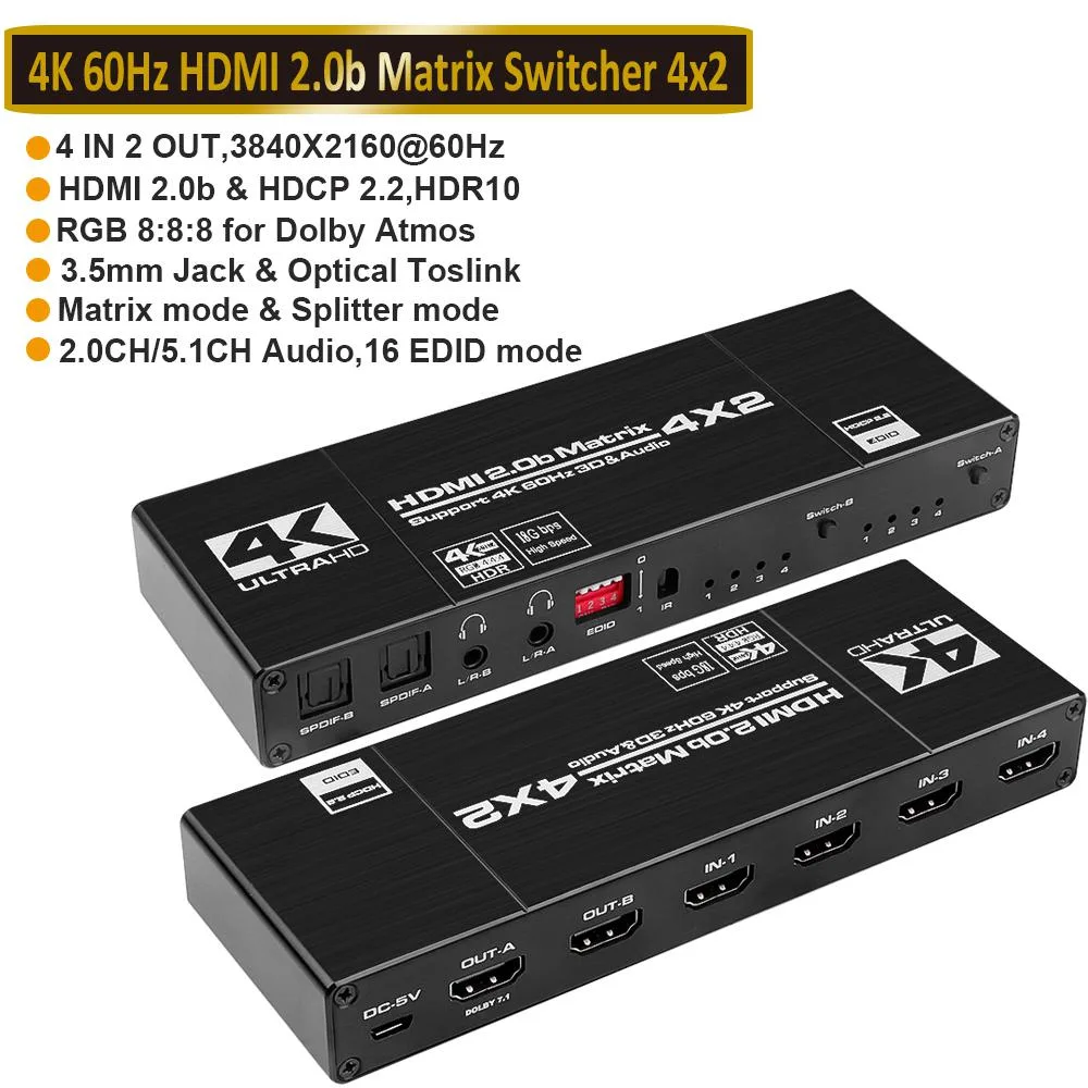 LUOM LUOM OZJ1-1 4x2 HDMI Matrix Switch 4K 60Hz 18.5Gbps HDR10 Audio Extractor — product photo