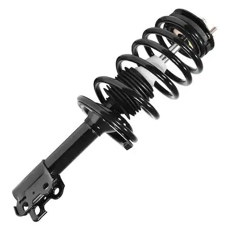 Unity 11220 front complete strut assembly, silver metal coil spring and strut housing with black top mount and hardware