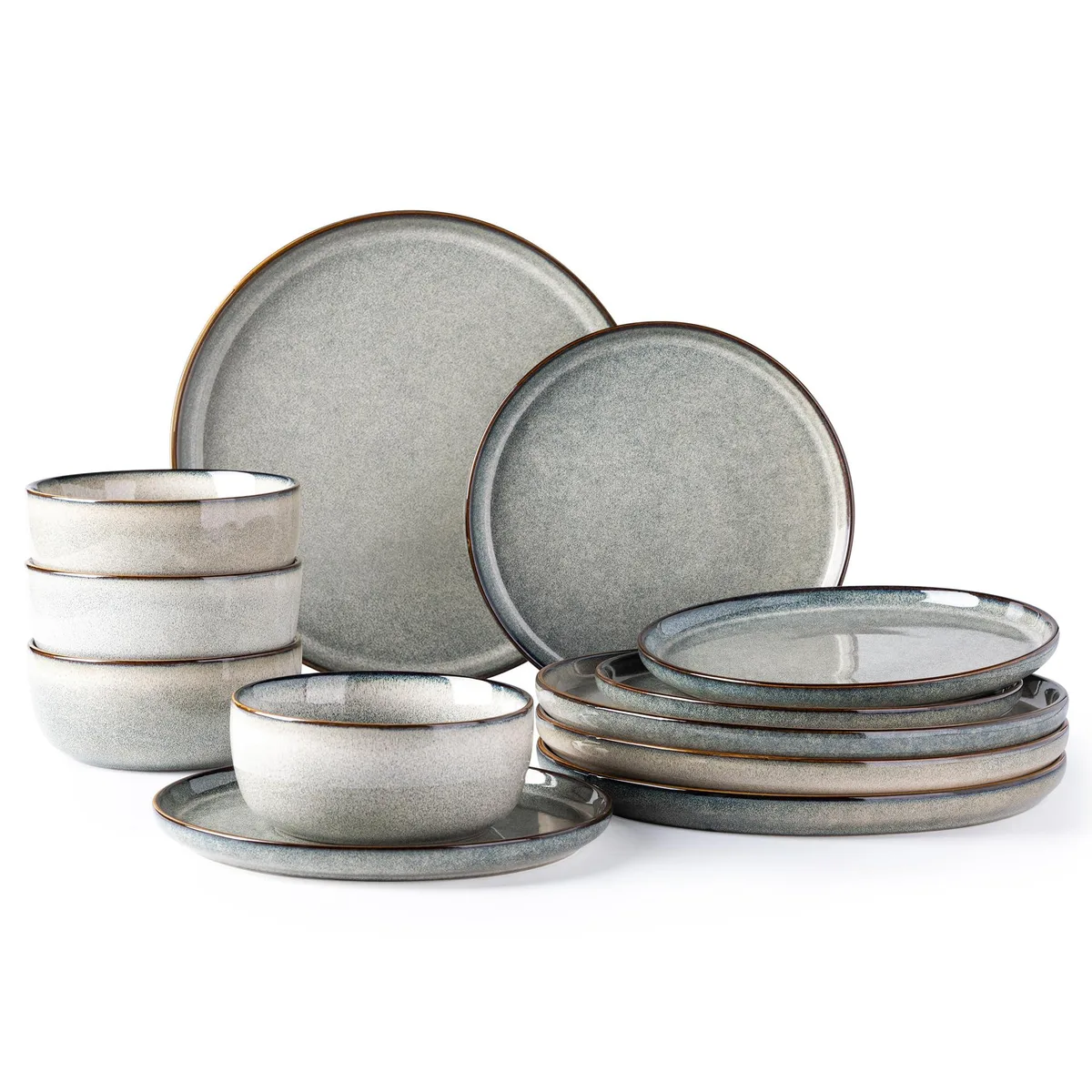Square ceramic dinnerware set in white with green wheat rim design, 12 pieces