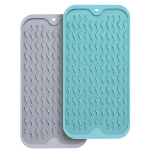 Pair of grey and blue silicone drying mats with raised stripe texture