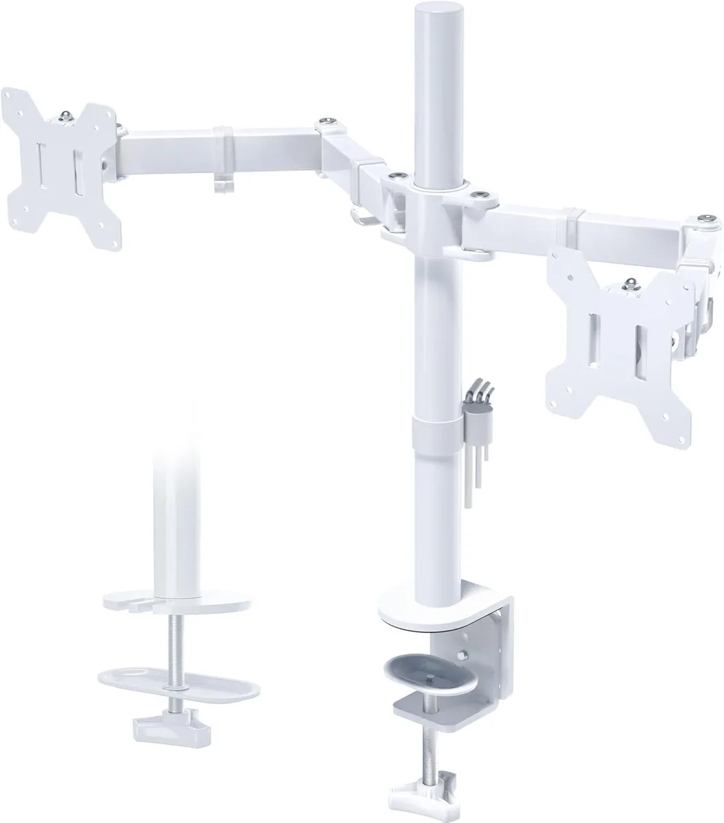 PISKEKAT PISKEKAT Dual Monitor Desk Mount White 13-27 inch VESA 75x75 100x100 22 lbs C-Clamp Grommet — product photo