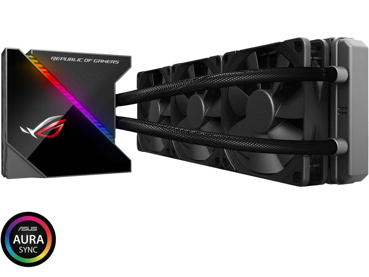 Black 360mm AIO cooler with three 120mm fans, copper block, 1.77" OLED display and sleeved tubing