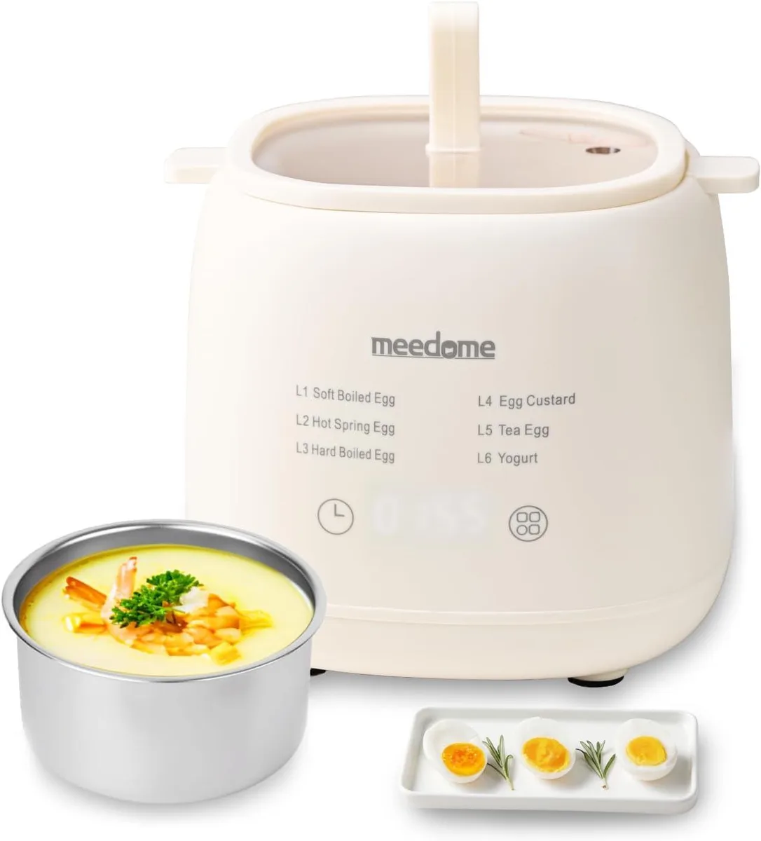 Compact white egg steamer with transparent lid and stainless steel interior