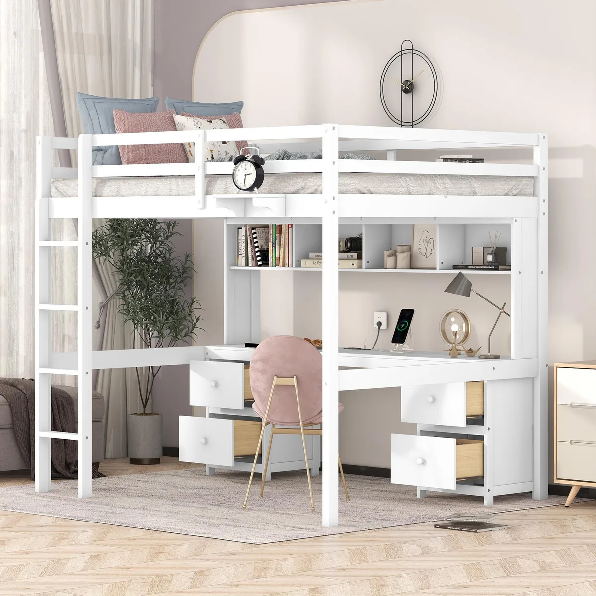 tuphen tuphen Full Size Loft Bed with Desk, Cabinets, Drawers, Bedside Tray and Charging Station, White — product photo