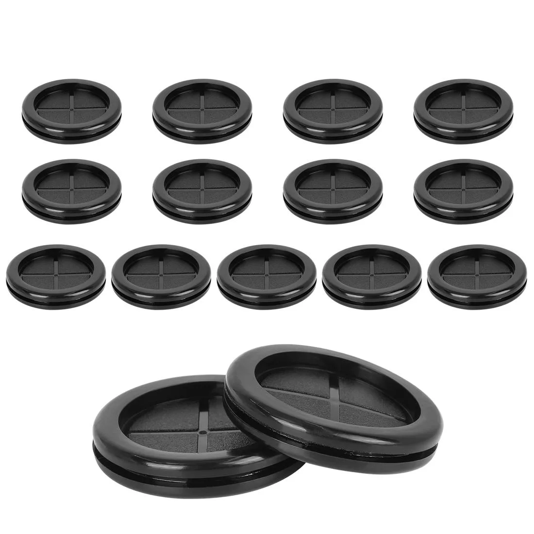 Fifteen black rubber grommets, 50mm mounting diameter, 10mm high, double-sided O-ring design