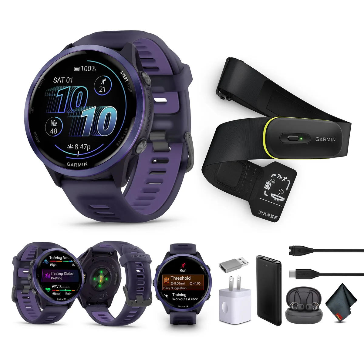 Garmin Garmin Forerunner 570 47MM Indigo Aluminum Purple Band with Access 600 and Air Pro EarBuds — product photo
