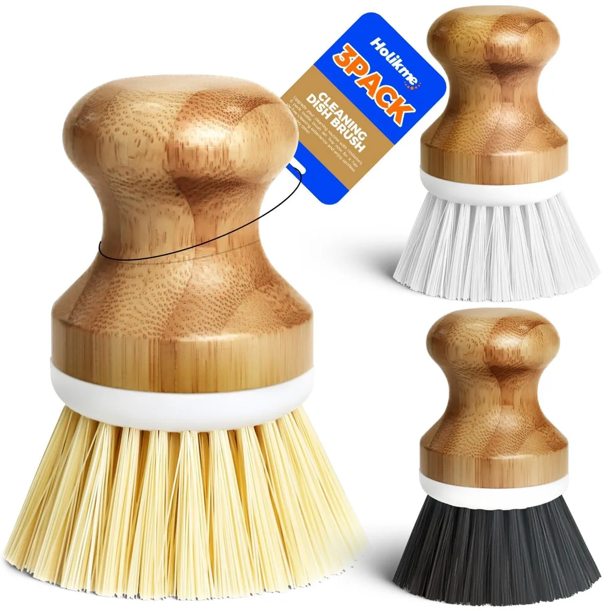 Round yellow bamboo brush with black bristles and hanging loop