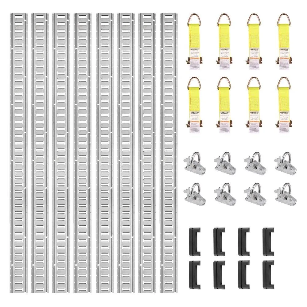 Eight steel E-track rails with O-ring anchors and D-ring tie-offs on a light background