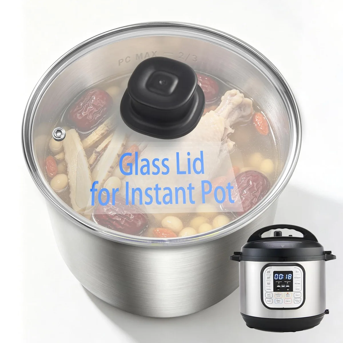 Clear tempered glass lid with heat-resistant rim and handle, 9.4 inch diameter