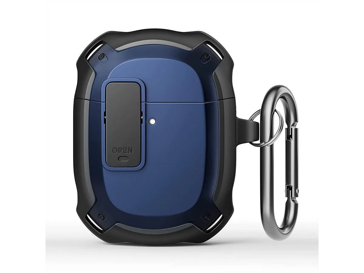 Blue hard-shell protective case for Pixel Buds 2 with visible front LED and metal carabiner clip