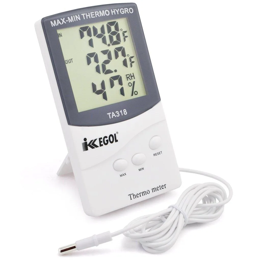 Black rectangular digital thermometer hygrometer with LCD screen and wired outdoor sensor