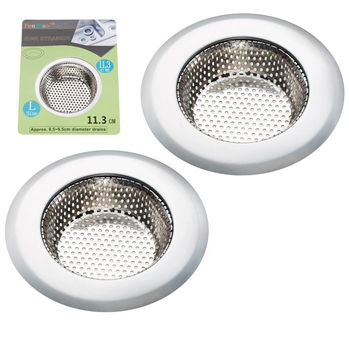 Two stainless steel sink strainers with mirror finish and wide flat rims