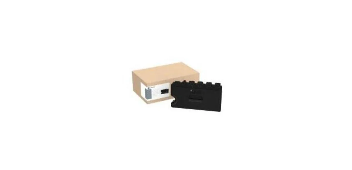 Rectangular Lexmark waste toner container, matte black plastic with green handle, model 71C0W00