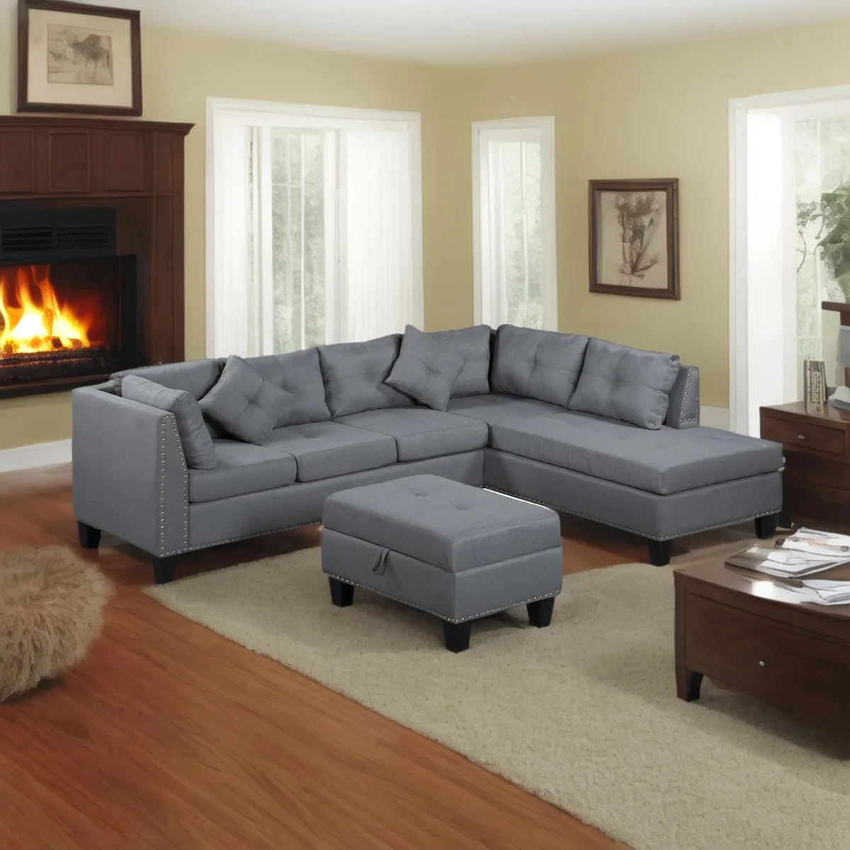 Large gray fabric sectional sofa with chaise and storage ottoman, solid wood frame, plastic legs, 104.5 inches wide