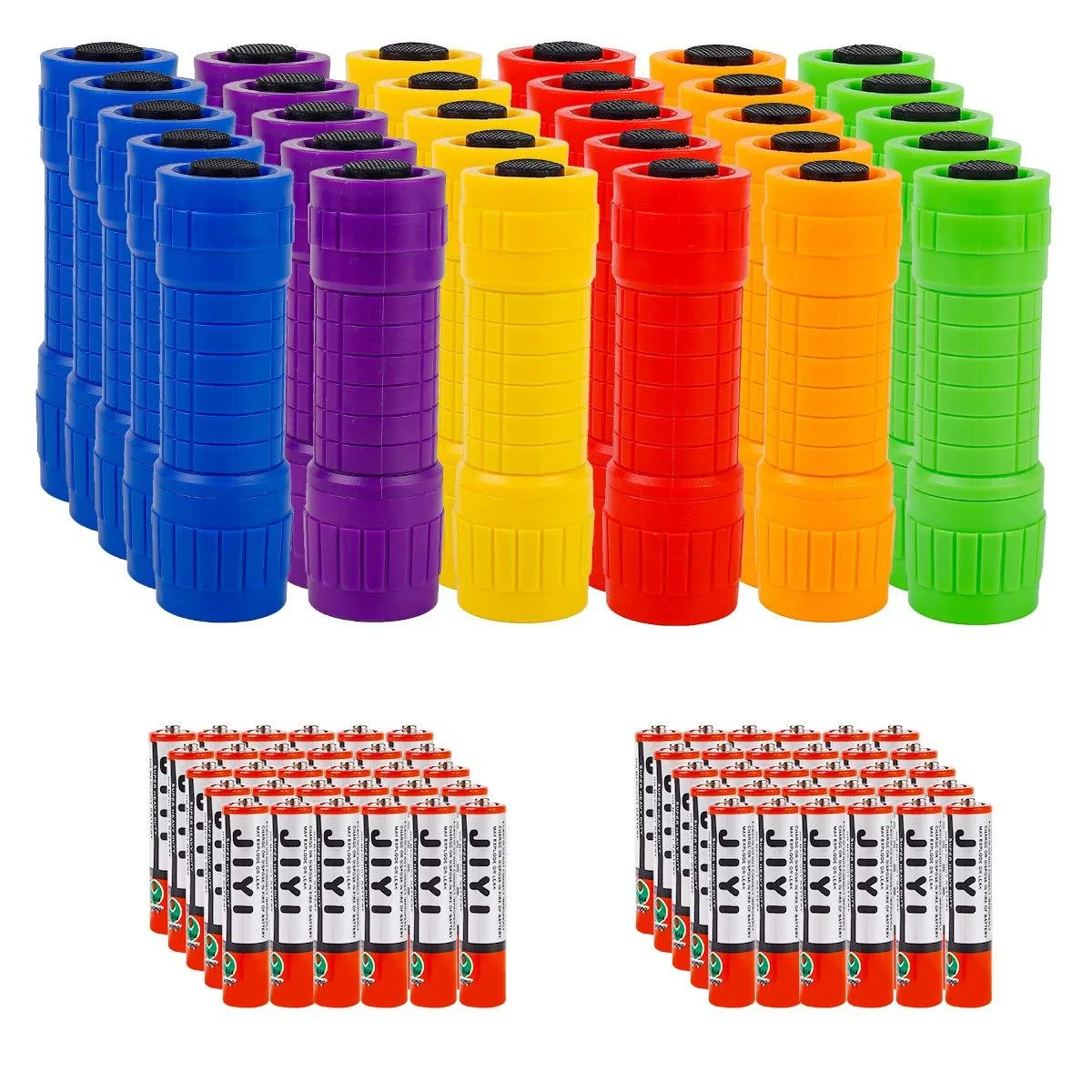 Thirty small cylindrical COB LED flashlights in assorted colours with batteries included