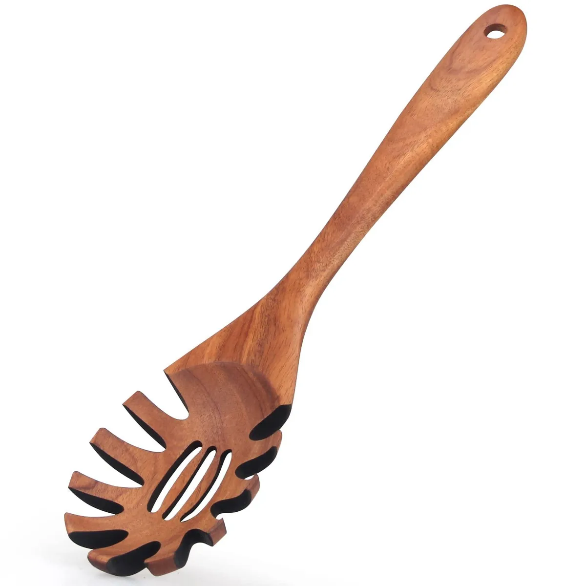 Light-brown acacia wood spaghetti spoon with slotted bowl and hanging hole