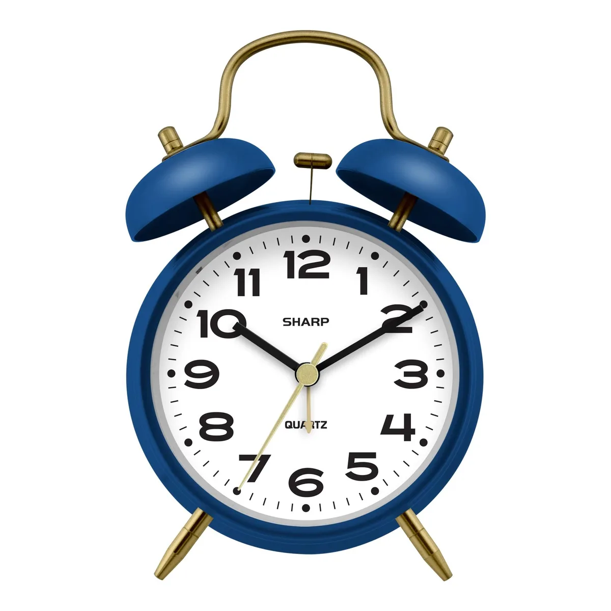 Matte navy twin bell alarm clock with bronze accents, 4.6 inches wide