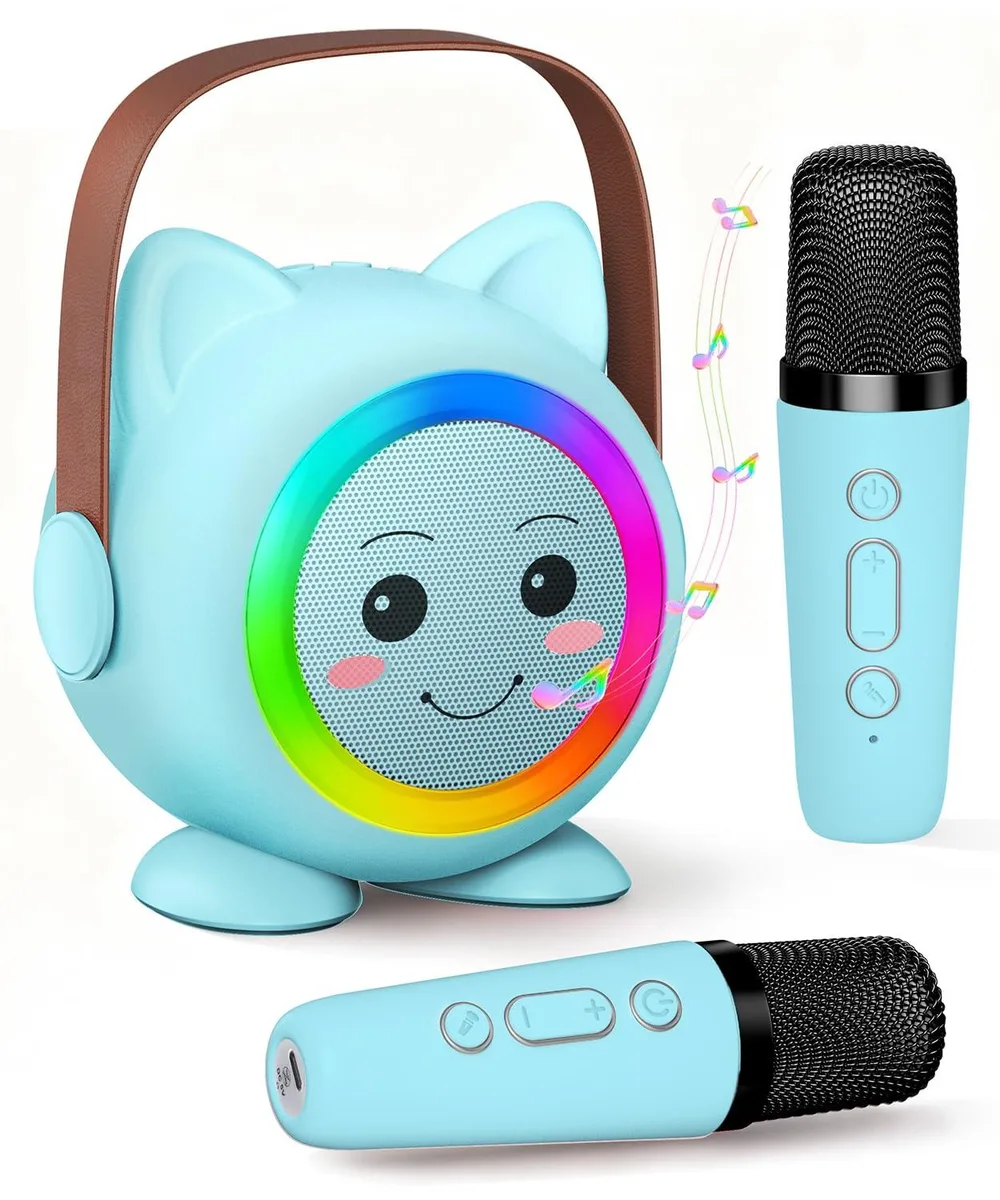 Blue ice-cream coloured mini karaoke unit with two wireless mics, matte finish