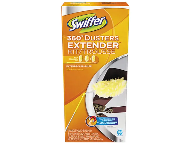 Yellow Swiffer 360 duster kit with extendable handle and three dusting cloths