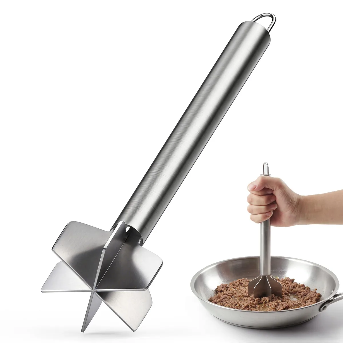 Stainless steel 10.8 inch meat masher with six blades and integrated handle