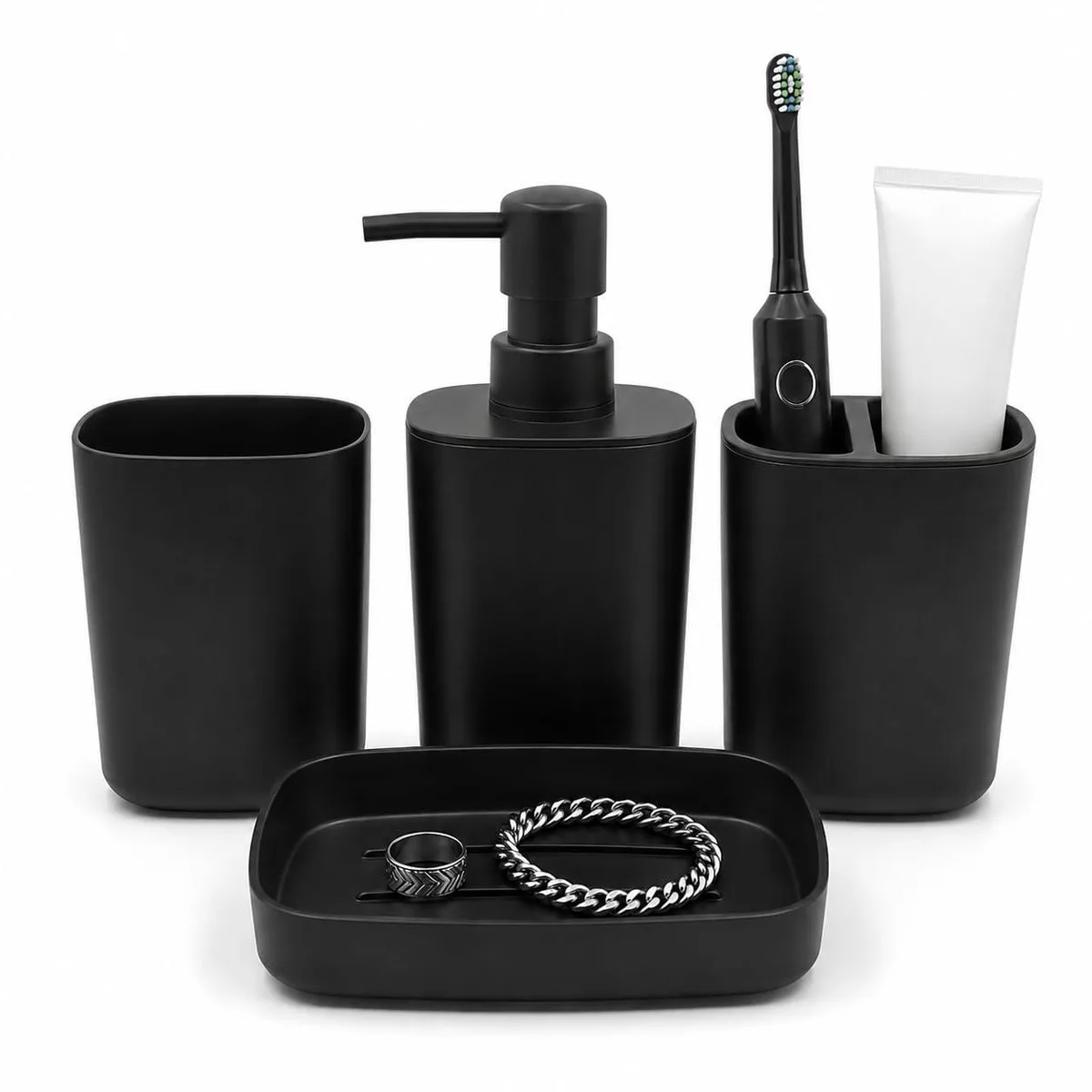 Decolav A1-YG-black Bath Storage 4-Piece Matte Black Set 300ml Dispenser — product photo