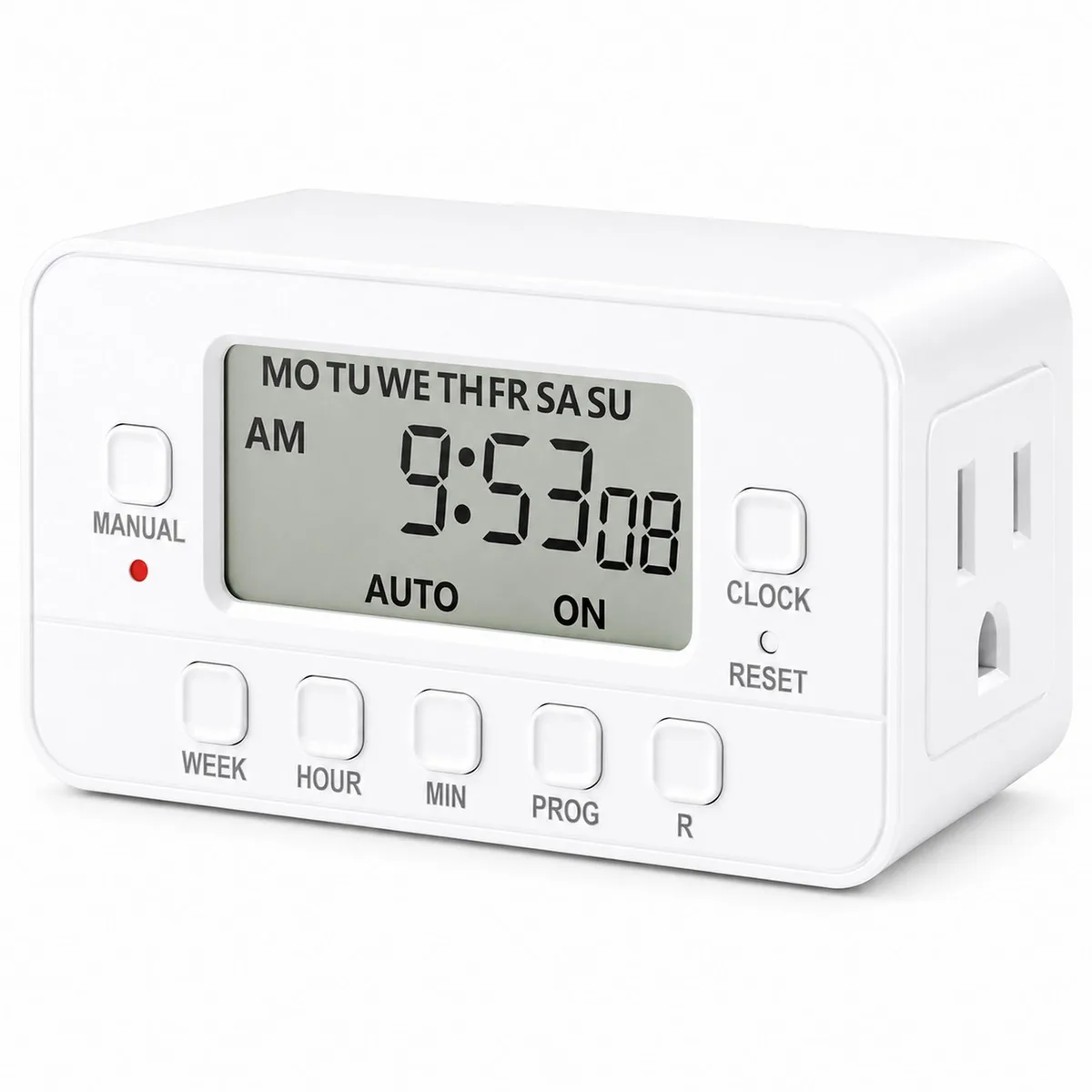 White rectangular digital timer outlet with LCD display and three-prong plug