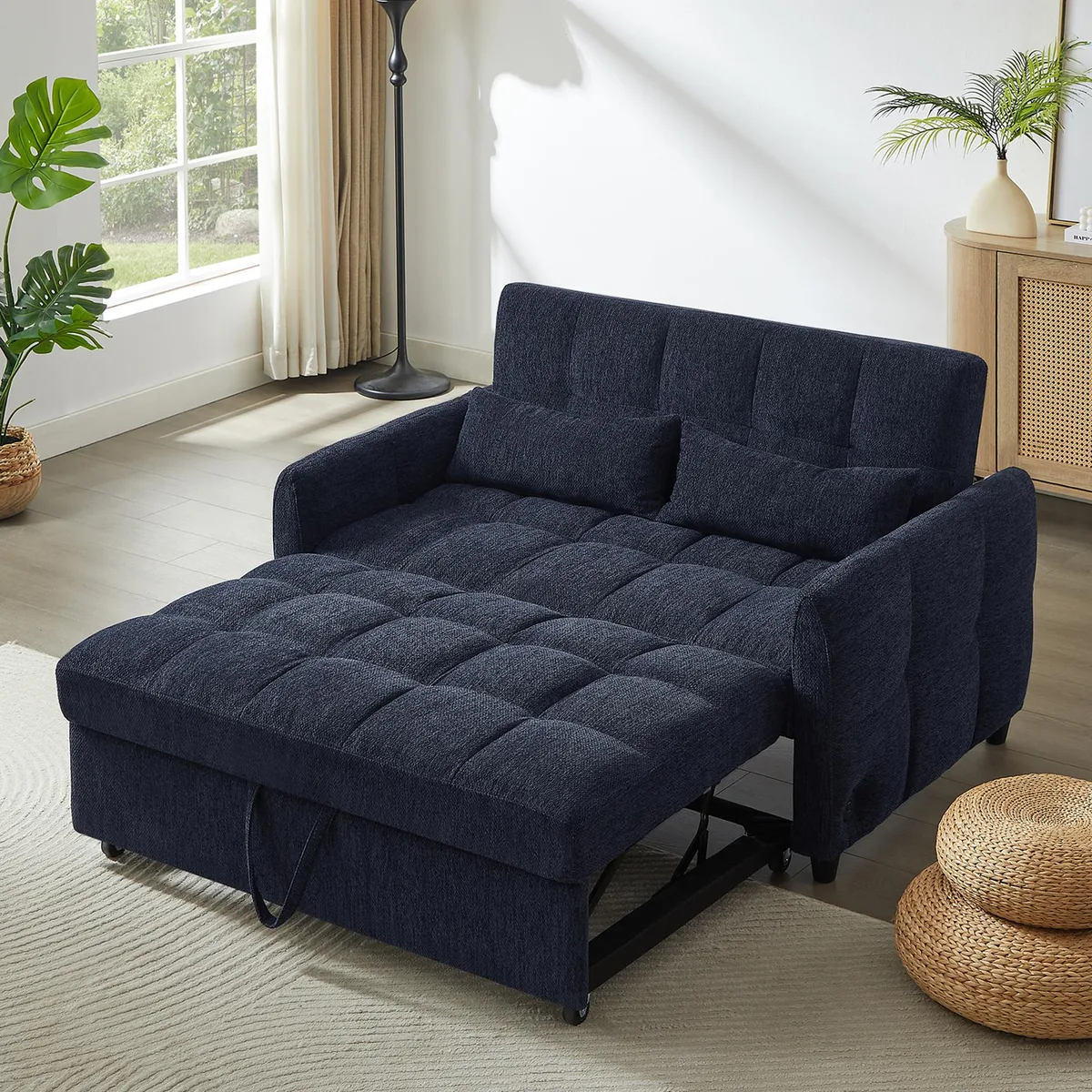 Blue chenille tufted loveseat sofa bed with USB ports and lumbar pillows
