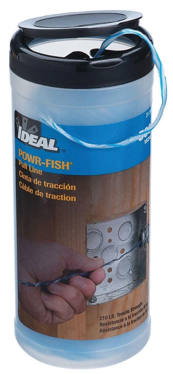 White nylon pull line in a blue canister, 500 ft, 210 lb tensile strength