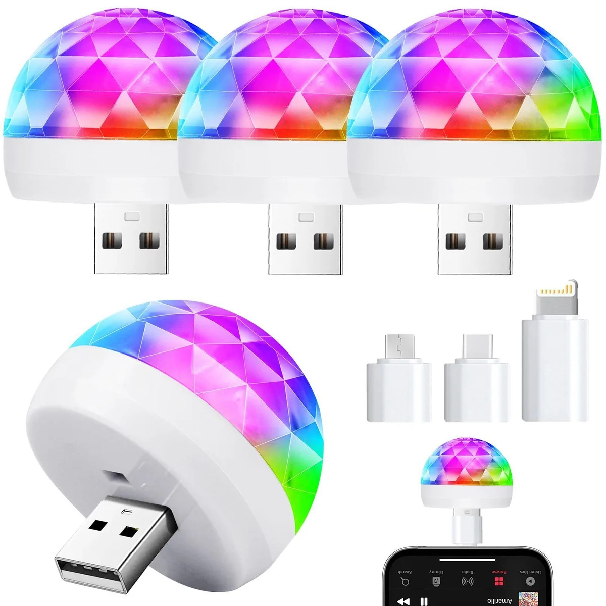Four small white plastic disco ball lights with USB connectors and adapters