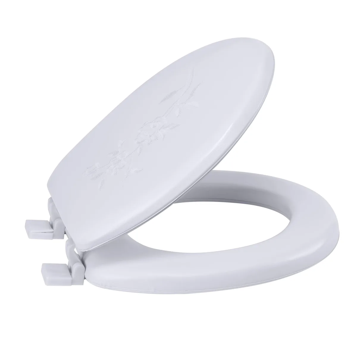 White round vinyl toilet seat with smooth finish and integrated hinges