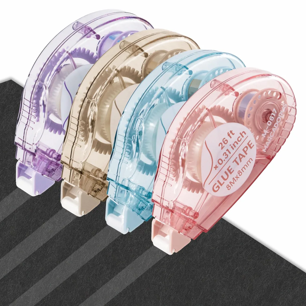 Translucent handheld double-sided tape roller with multicoloured refill rolls visible inside