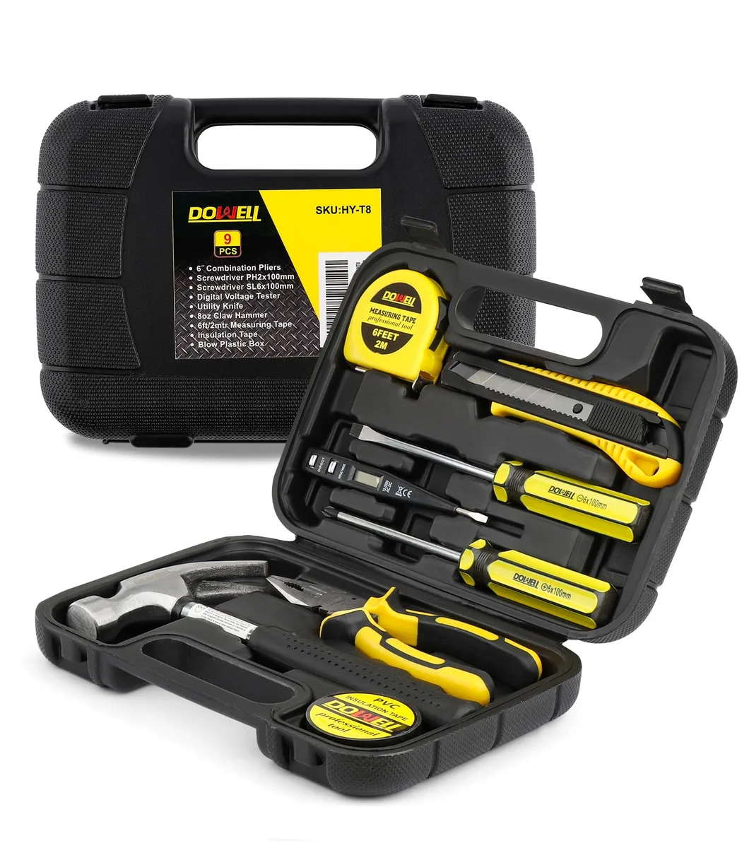 Compact black plastic case with nine small hand tools inside