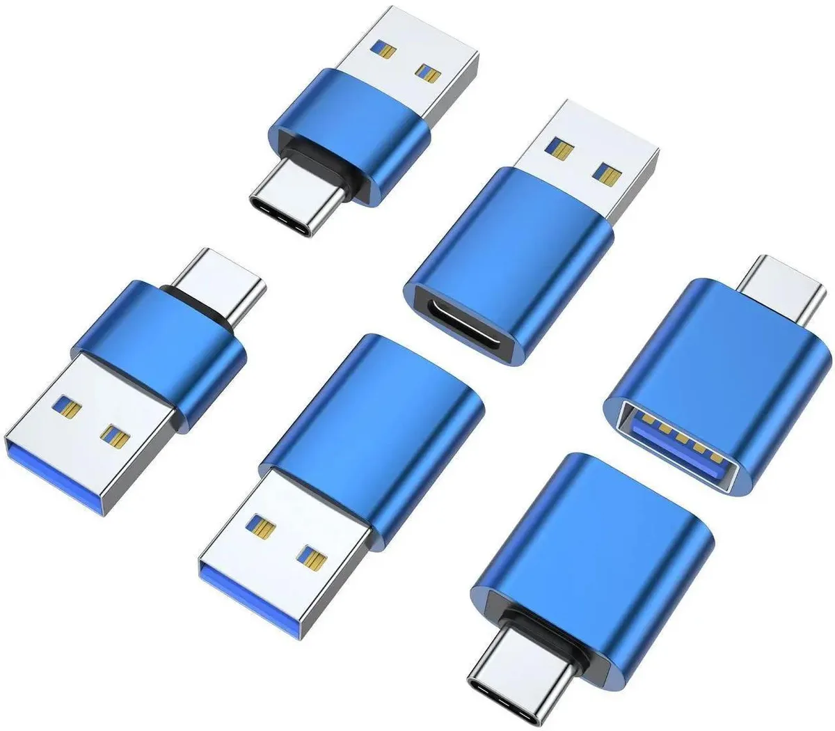 Six small blue aluminium USB adapters, mixed connector types