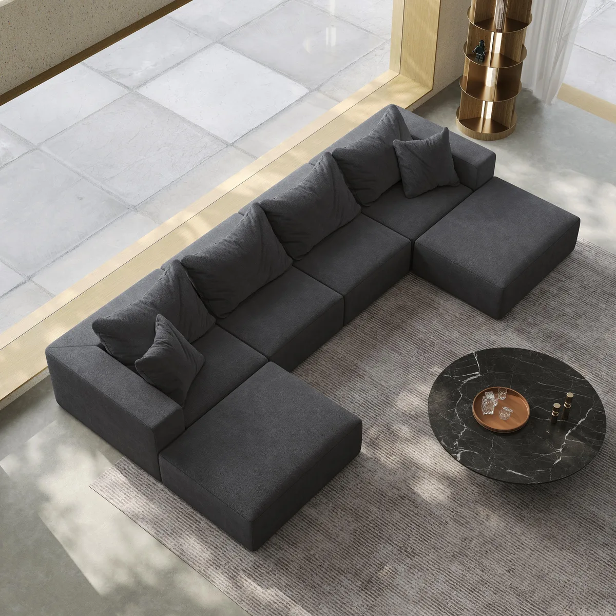 Grey chenille L-shaped sectional sofa with six pillows, 162 inches wide