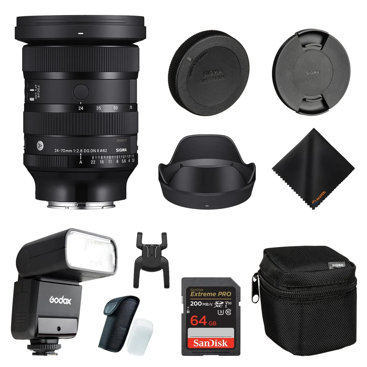 SIGMA Sigma 24-70mm f2.8 DG DN II Art Lens Sony E Bundle with Godox TT350S Flash, SanDisk 64GB Card, Cleaning Cloth — product photo
