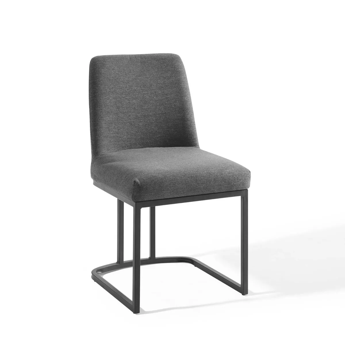 Black charcoal upholstered dining chair with matte black stainless steel sled base